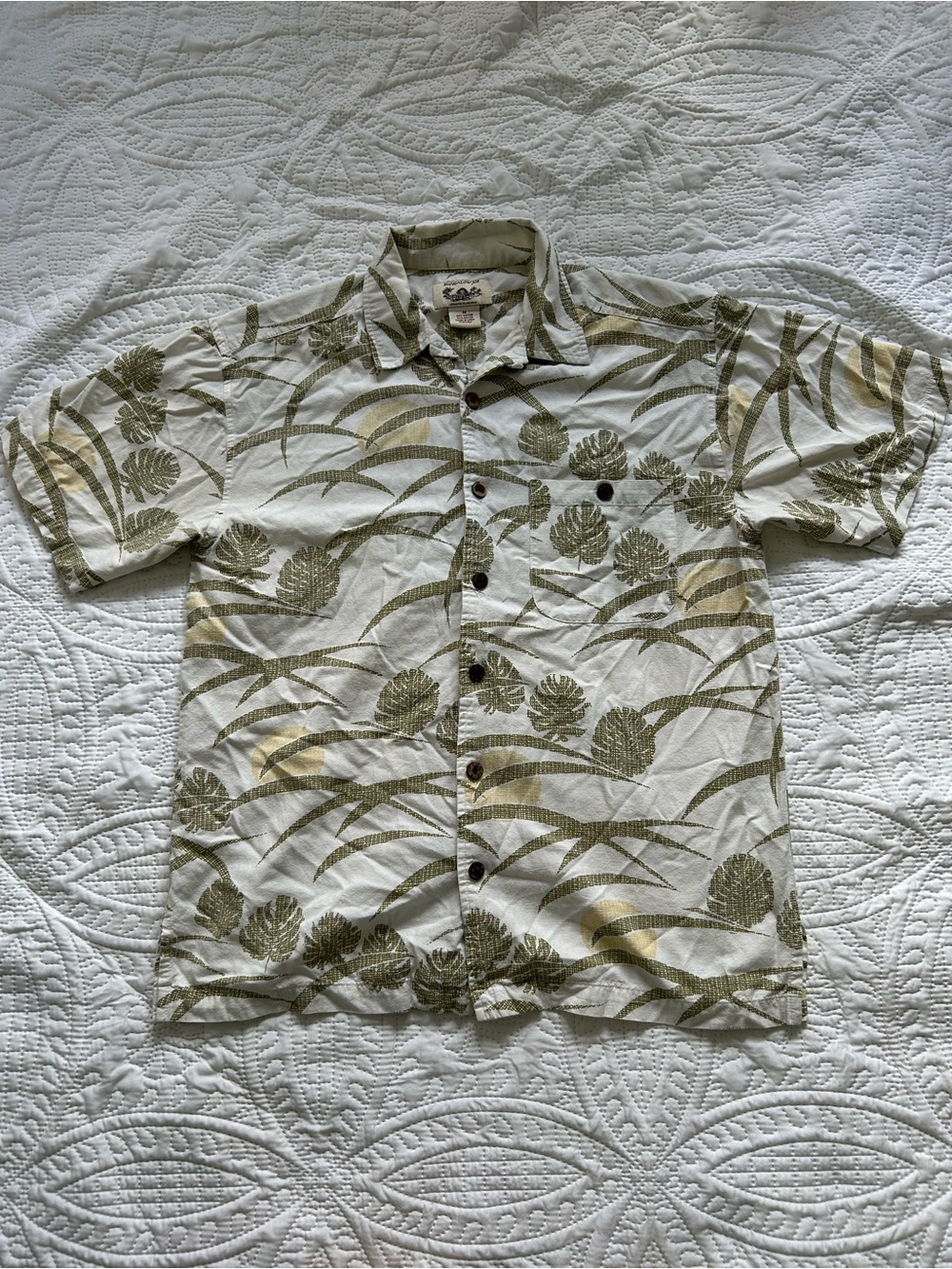 Casual Tropical Print Button Down Shirt Olive Beige Short Sleeve Resort Wear